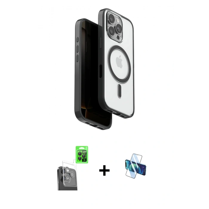 MARSİLYAN™- iPhone 16 Pro Kılıf Pusula Form Serisi - Siyah 3D Antistatik Seramik Nano Ekran Koruyucu + Raze Metal Kamera Lens - SH