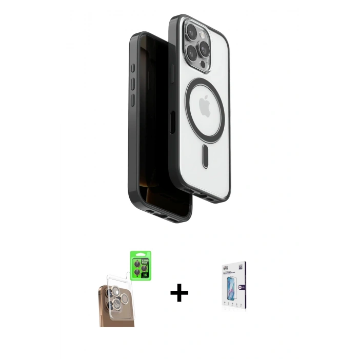 MARSİLYAN™- iPhone 16 Pro Kılıf Pusula Form Serisi - Siyah Bilvis 0.18mm Plus Cam Ekran Koruyucu + Raze Metal Kamera Lens - CLTM