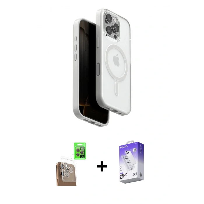MARSİLYAN™- iPhone 16 Pro Kılıf Pusula Form Serisi - Siyah Bilvis 5in1 3D Magic Cam Ekran Koruyucu + Raze Metal Kamera Lens - CLTM