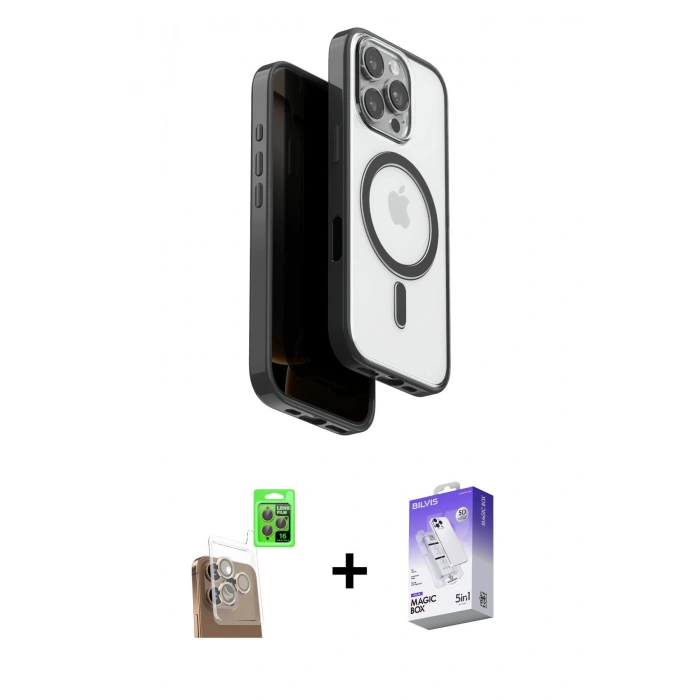 MARSİLYAN™- iPhone 16 Pro Kılıf Pusula Form Serisi - Siyah Bilvis 5in1 3D Magic Cam Ekran Koruyucu + Raze Metal Kamera Lens - CLTM