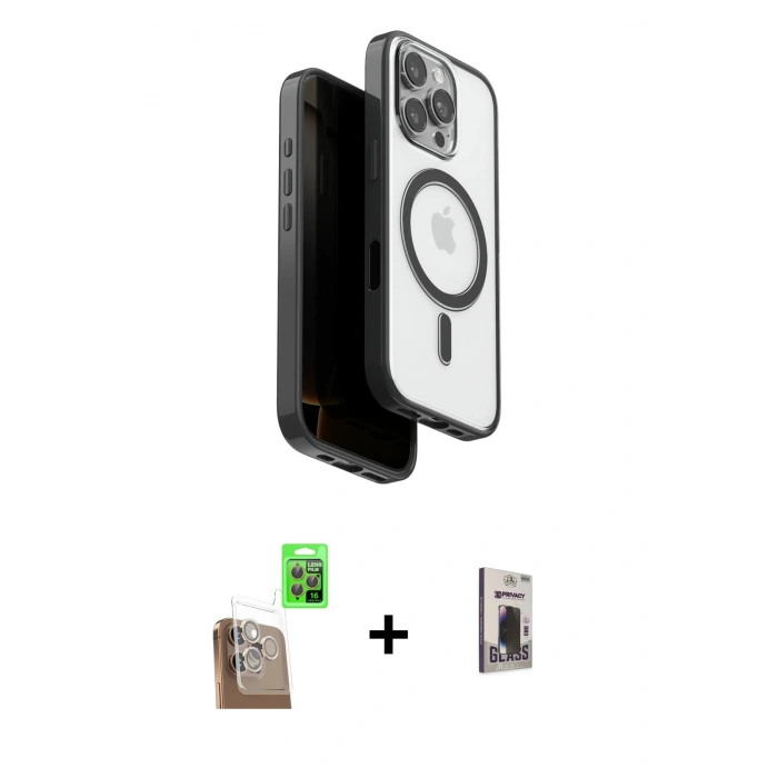 MARSİLYAN™- iPhone 16 Pro Kılıf Pusula Form Serisi - Siyah Bilvis Hayalet Cam Ekran Koruyucu + Raze Metal Kamera Lens - CLTM
