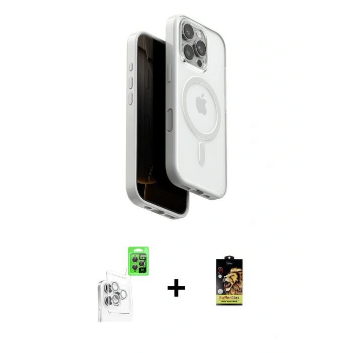 MARSİLYAN™- iPhone 16 Pro Kılıf Pusula Form Serisi - Siyah Buffer Cam Ekran Koruyucu + Raze Metal Kamera Lens - BZ