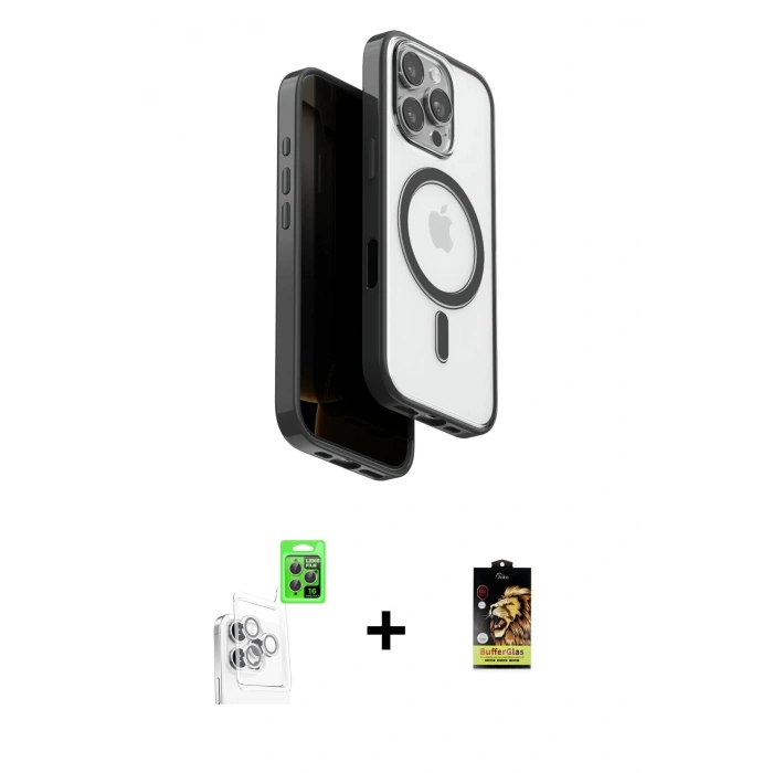 MARSİLYAN™- iPhone 16 Pro Kılıf Pusula Form Serisi - Siyah Buffer Cam Ekran Koruyucu + Raze Metal Kamera Lens - BZ