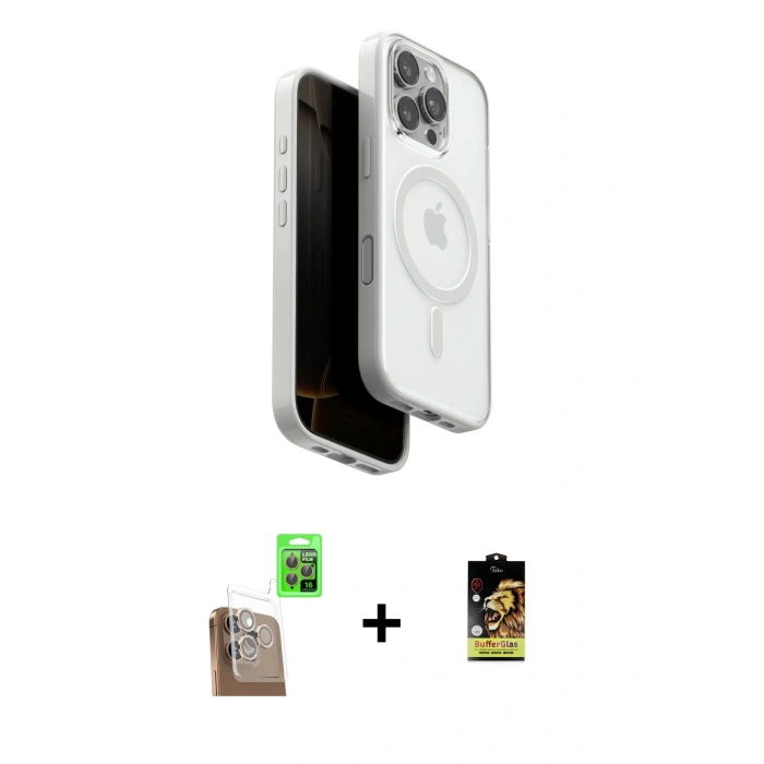 MARSİLYAN™- iPhone 16 Pro Kılıf Pusula Form Serisi - Siyah Buffer Cam Ekran Koruyucu + Raze Metal Kamera Lens - CLTM