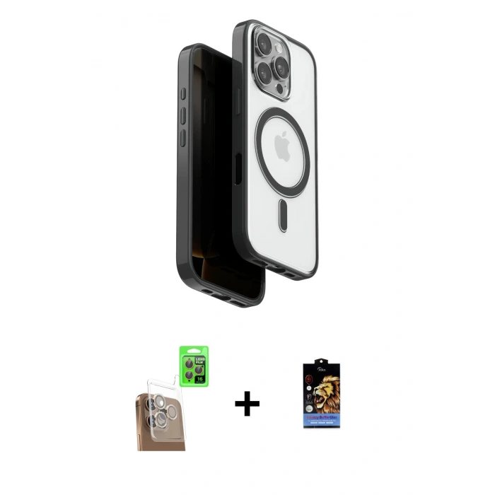 MARSİLYAN™- iPhone 16 Pro Kılıf Pusula Form Serisi - Siyah Buffer Hayalet Cam Ekran Koruyucu + Raze Metal Kamera Lens - CLTM