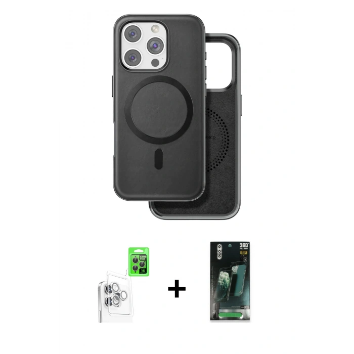 MARSİLYAN™- iPhone 16 Pro Kılıf Pusula Işık Koleksiyonu - Siyah 360 Mat Full Body Arka Koruyucu + Raze Metal Kamera Lens - BZ