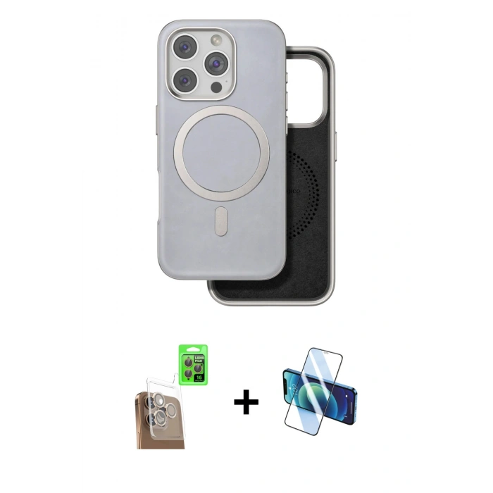 MARSİLYAN™- iPhone 16 Pro Kılıf Pusula Işık Koleksiyonu - Siyah 3D Antistatik Cam Ekran Koruyucu + Raze Metal Kamera Lens - CLTM