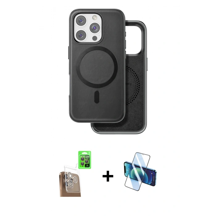 MARSİLYAN™- iPhone 16 Pro Kılıf Pusula Işık Koleksiyonu - Siyah 3D Antistatik Cam Ekran Koruyucu + Raze Metal Kamera Lens - CLTM