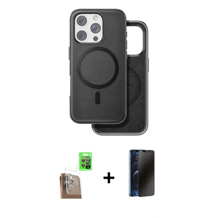 MARSİLYAN™- iPhone 16 Pro Kılıf Pusula Işık Koleksiyonu - Siyah 3D Antistatik Hayalet Cam Ekran Koruyucu + Raze Metal Kamera Lens - CLTM