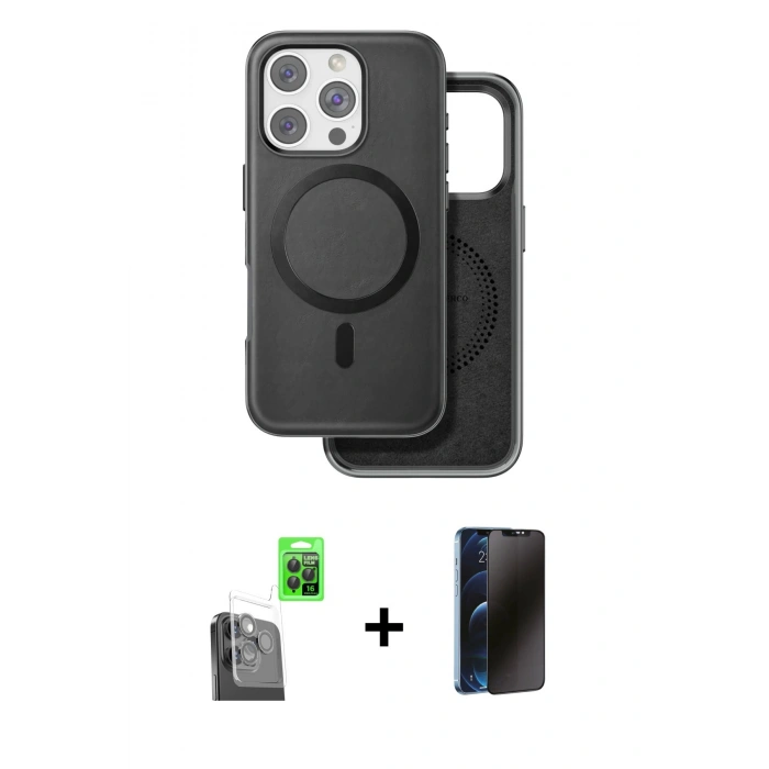 MARSİLYAN™- iPhone 16 Pro Kılıf Pusula Işık Koleksiyonu - Siyah 3D Antistatik Hayalet Cam Ekran Koruyucu + Raze Metal Kamera Lens - SH