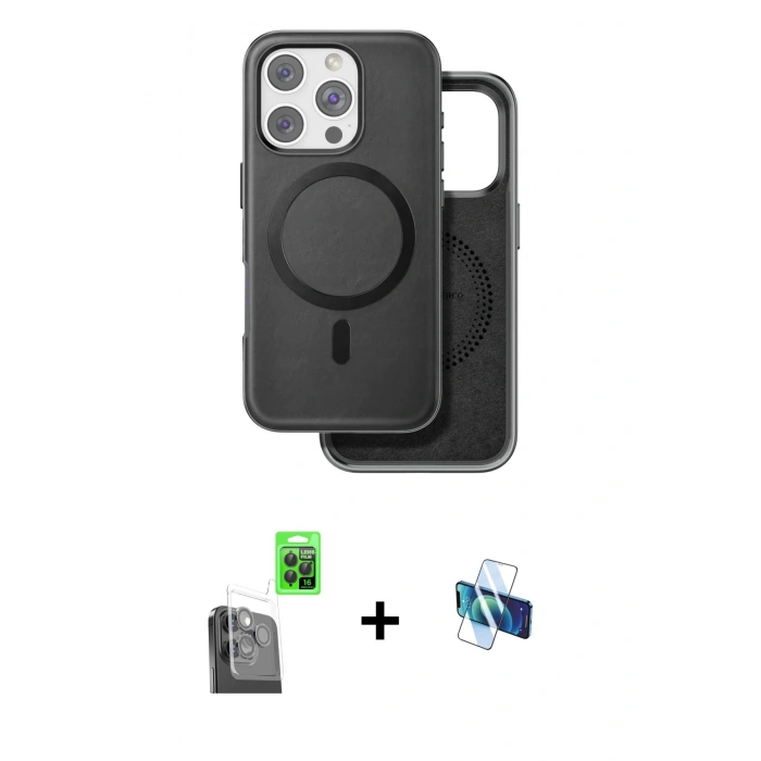 MARSİLYAN™- iPhone 16 Pro Kılıf Pusula Işık Koleksiyonu - Siyah 3D Antistatik Seramik Nano Ekran Koruyucu + Raze Metal Kamera Lens - SH