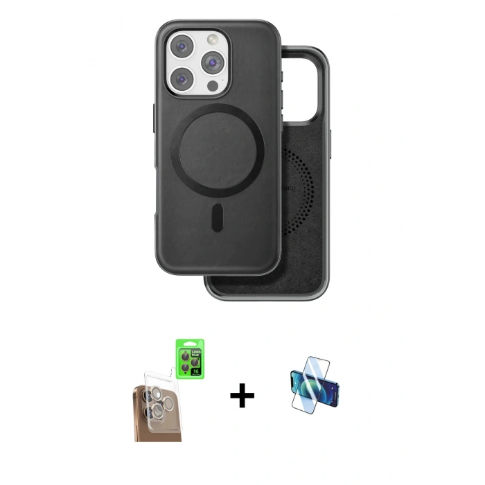 MARSİLYAN™- iPhone 16 Pro Kılıf Pusula Işık Koleksiyonu - Siyah 3D Antistatik Seramik Nano Ekran Koruyucu + Raze Metal Kamera Lens - CLTM