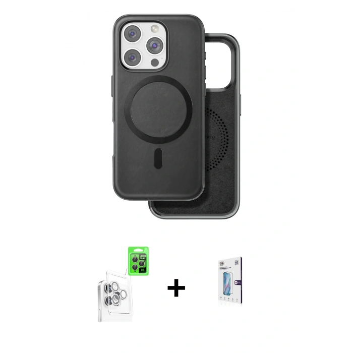 MARSİLYAN™- iPhone 16 Pro Kılıf Pusula Işık Koleksiyonu - Siyah Bilvis 0.18mm Plus Cam Ekran Koruyucu + Raze Metal Kamera Lens - BZ