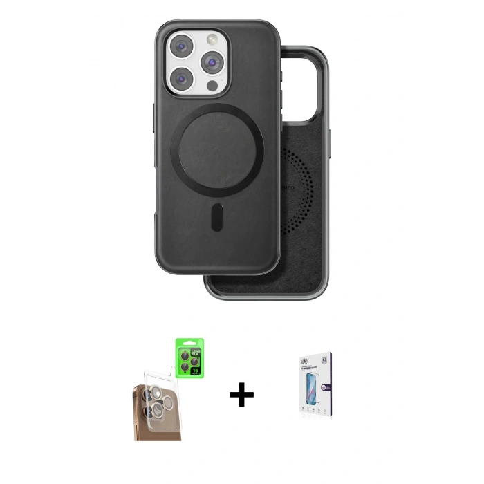 MARSİLYAN™- iPhone 16 Pro Kılıf Pusula Işık Koleksiyonu - Siyah Bilvis 0.18mm Plus Cam Ekran Koruyucu + Çöl Titanyum Raze Metal Kamera Lens