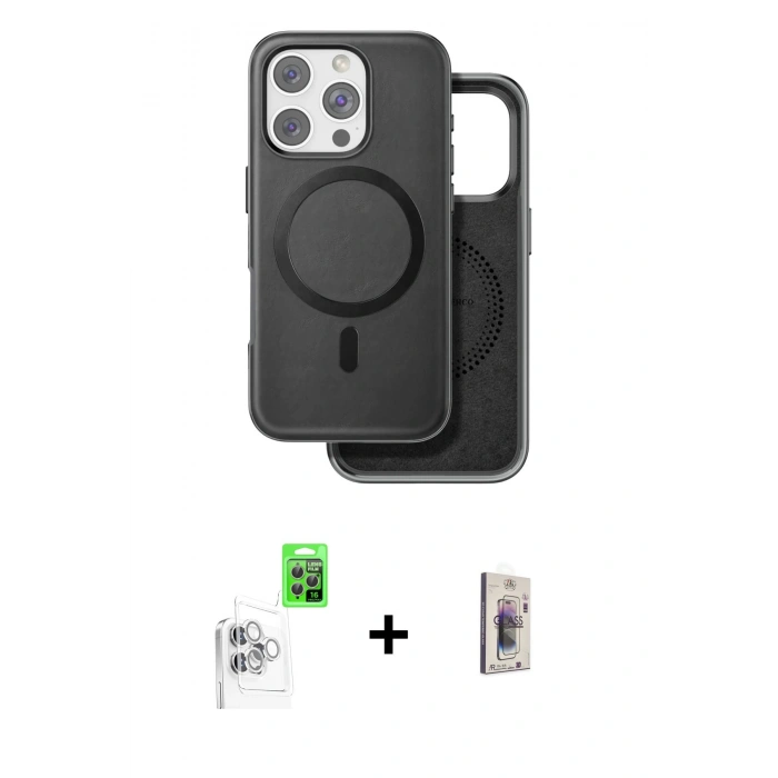 MARSİLYAN™- iPhone 16 Pro Kılıf Pusula Işık Koleksiyonu - Siyah Bilvis 3D Cam Ekran Koruyucu + Raze Metal Kamera Lens - BZ