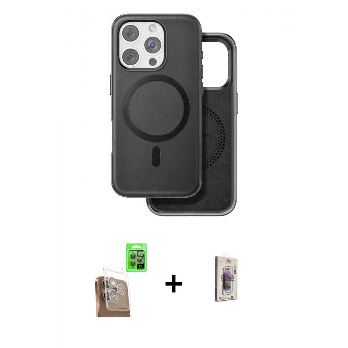 MARSİLYAN™- iPhone 16 Pro Kılıf Pusula Işık Koleksiyonu - Siyah Bilvis 3D Cam Ekran Koruyucu + Raze Metal Kamera Lens - CLTM