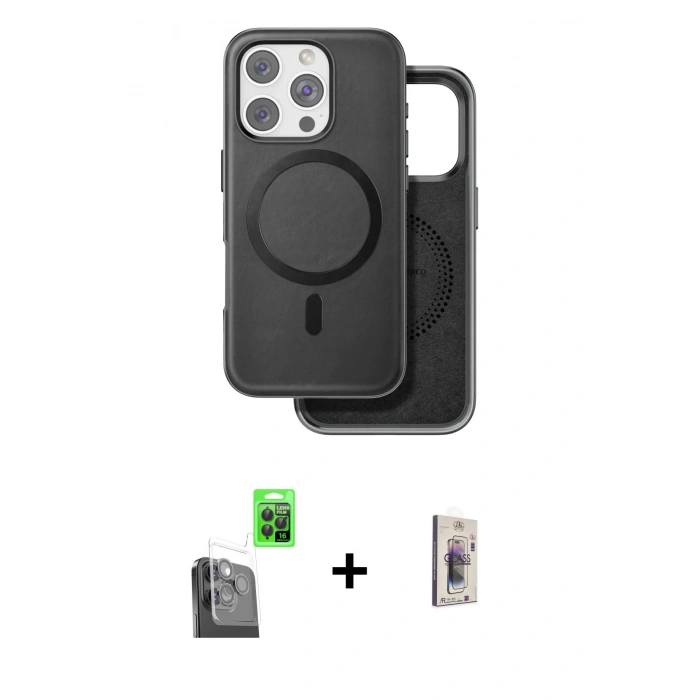 MARSİLYAN™- iPhone 16 Pro Kılıf Pusula Işık Koleksiyonu - Siyah Bilvis 3D Cam Ekran Koruyucu + Raze Metal Kamera Lens - SH