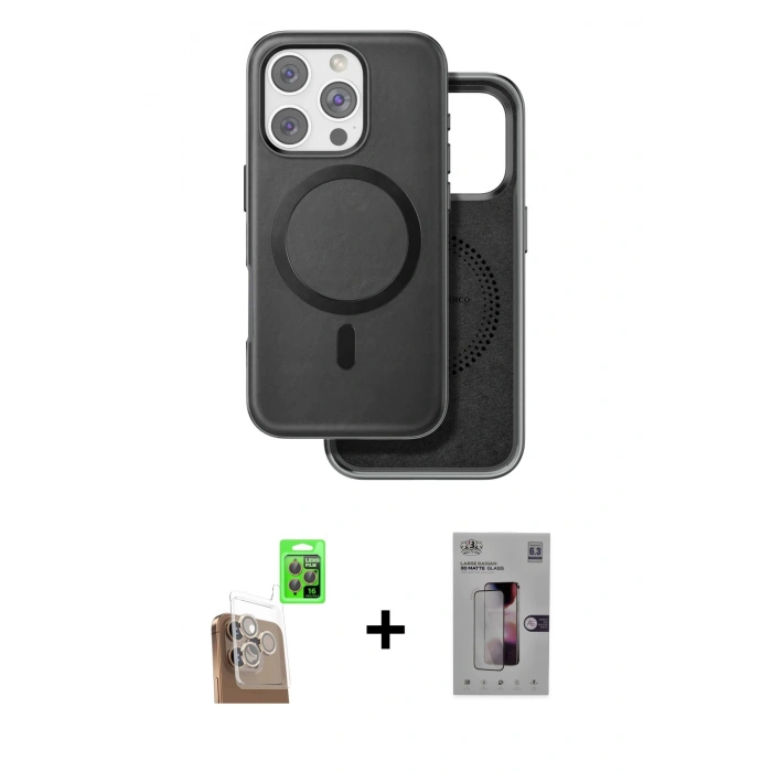 MARSİLYAN™- iPhone 16 Pro Kılıf Pusula Işık Koleksiyonu - Siyah Bilvis 3D Mat Cam Ekran Koruyucu + Raze Metal Kamera Lens - CLTM