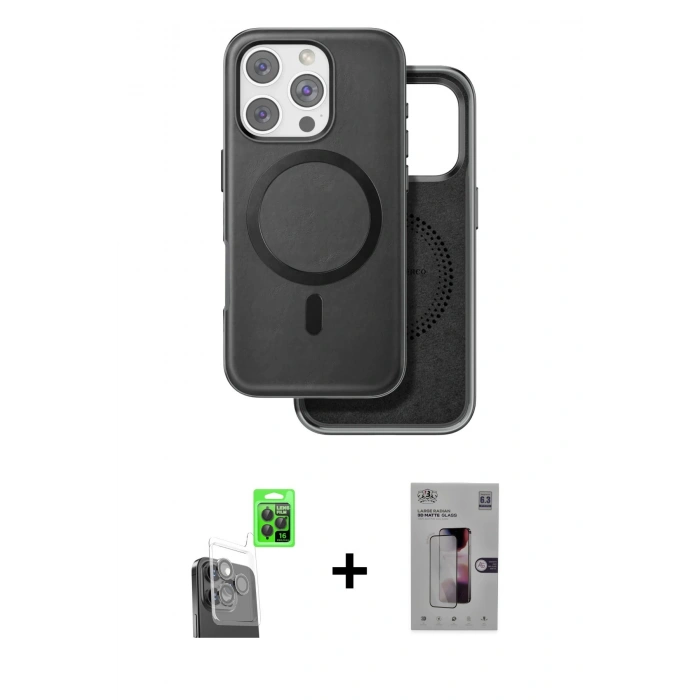 MARSİLYAN™- iPhone 16 Pro Kılıf Pusula Işık Koleksiyonu - Siyah Bilvis 3D Mat Cam Ekran Koruyucu + Siyah Raze Metal Kamera Lens