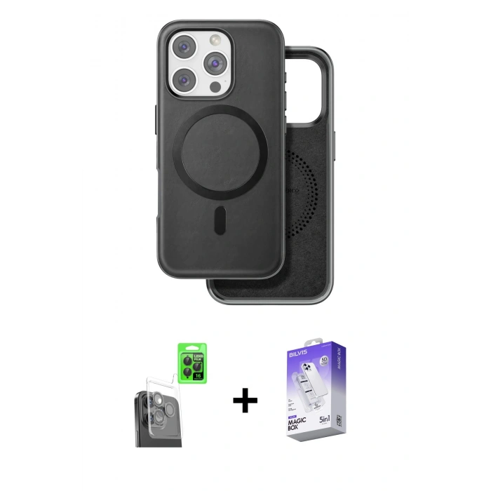 MARSİLYAN™- iPhone 16 Pro Kılıf Pusula Işık Koleksiyonu - Siyah Bilvis 5in1 3D Magic Cam Ekran Koruyucu + Raze Metal Kamera Lens - SH