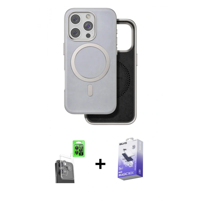 MARSİLYAN™- iPhone 16 Pro Kılıf Pusula Işık Koleksiyonu - Siyah Bilvis 5in1 5D Magic Hayalet Cam Ekran Koruyucu + Raze Metal Kamera Lens - SH
