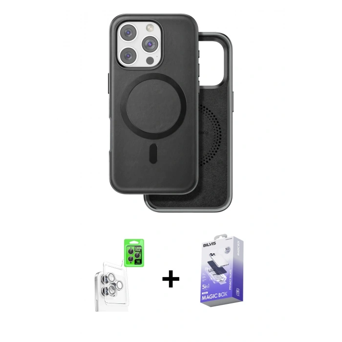 MARSİLYAN™- iPhone 16 Pro Kılıf Pusula Işık Koleksiyonu - Siyah Bilvis 5in1 5D Magic Hayalet Cam Ekran Koruyucu + Raze Metal Kamera Lens - BZ