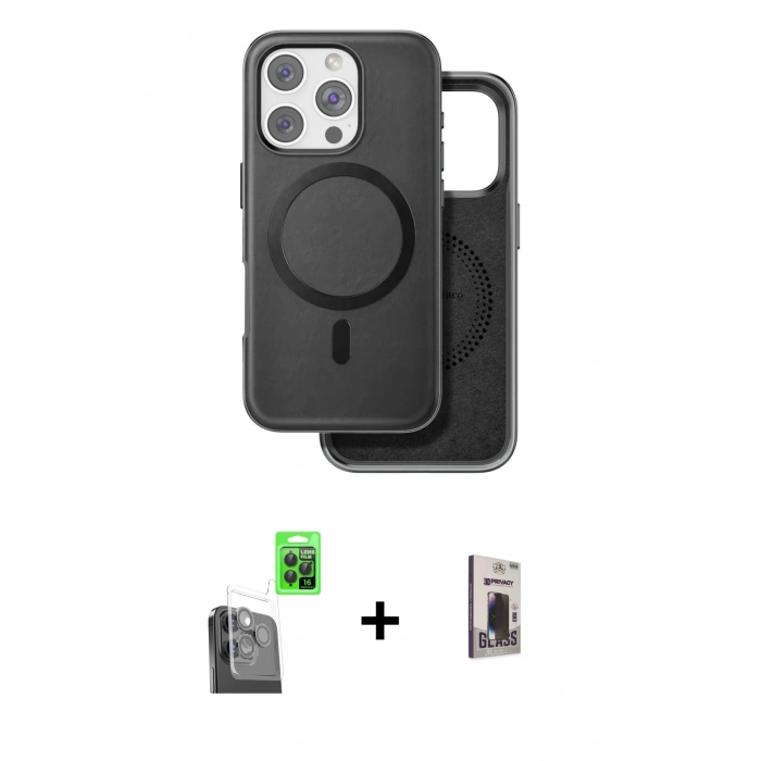 MARSİLYAN™- iPhone 16 Pro Kılıf Pusula Işık Koleksiyonu - Siyah Bilvis Hayalet Cam Ekran Koruyucu + Raze Metal Kamera Lens - SH
