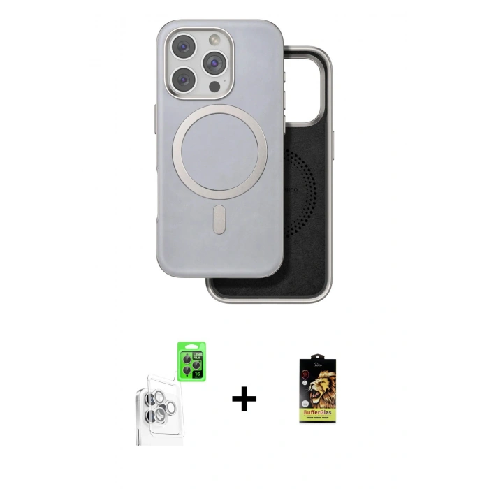 MARSİLYAN™- iPhone 16 Pro Kılıf Pusula Işık Koleksiyonu - Siyah Buffer Cam Ekran Koruyucu + Beyaz Raze Metal Kamera Lens