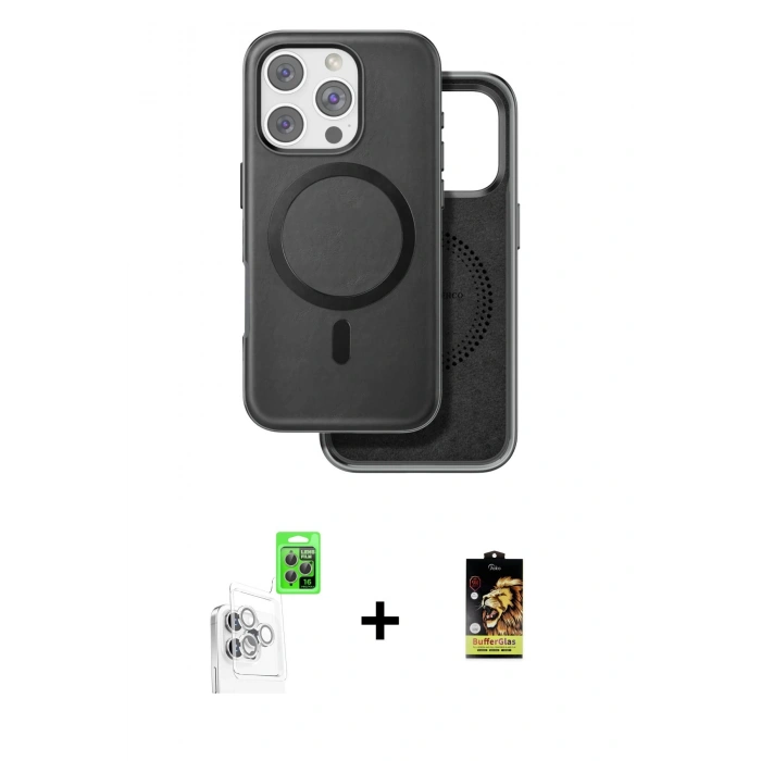 MARSİLYAN™- iPhone 16 Pro Kılıf Pusula Işık Koleksiyonu - Siyah Buffer Cam Ekran Koruyucu + Beyaz Raze Metal Kamera Lens