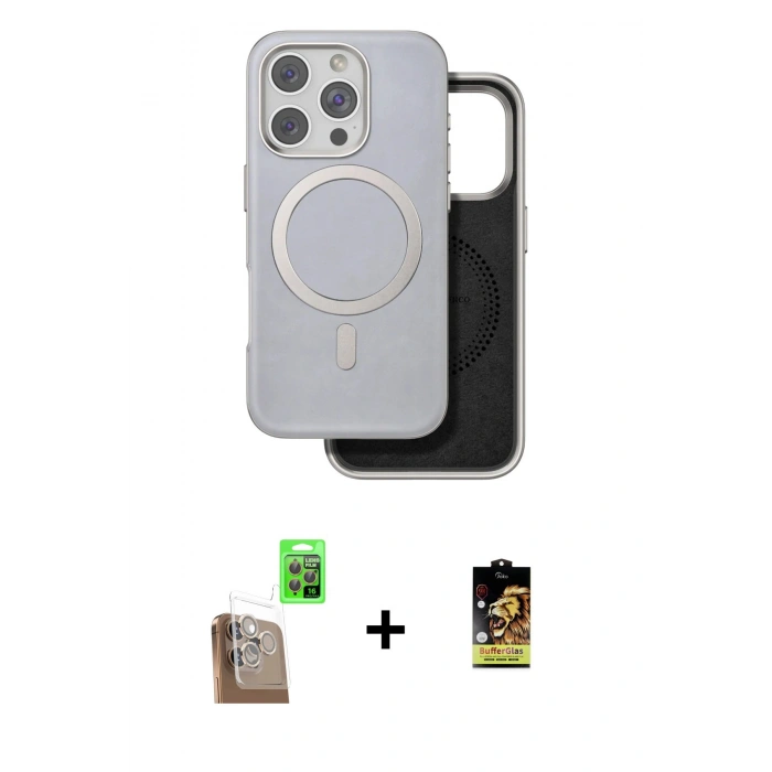 MARSİLYAN™- iPhone 16 Pro Kılıf Pusula Işık Koleksiyonu - Siyah Buffer Cam Ekran Koruyucu + Çöl Titanyum Raze Metal Kamera Lens