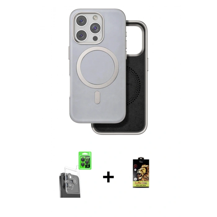 MARSİLYAN™- iPhone 16 Pro Kılıf Pusula Işık Koleksiyonu - Siyah Buffer Cam Ekran Koruyucu + Siyah Raze Metal Kamera Lens