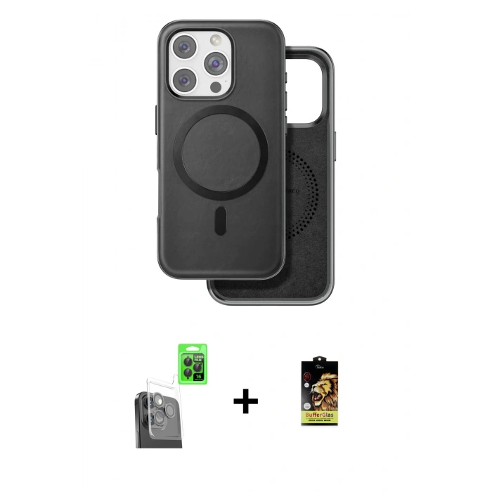 MARSİLYAN™- iPhone 16 Pro Kılıf Pusula Işık Koleksiyonu - Siyah Buffer Cam Ekran Koruyucu + Siyah Raze Metal Kamera Lens