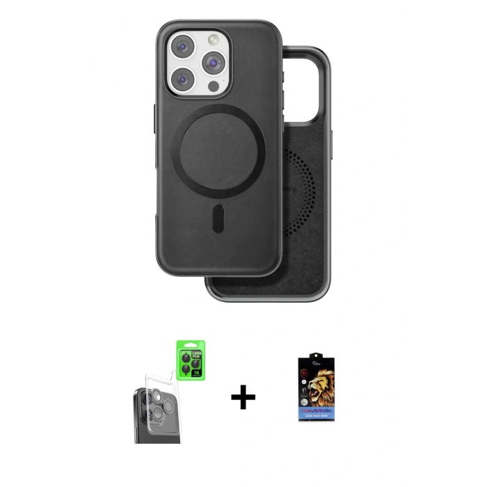 MARSİLYAN™- iPhone 16 Pro Kılıf Pusula Işık Koleksiyonu - Siyah Buffer Hayalet Cam Ekran Koruyucu + Raze Metal Kamera Lens - SH