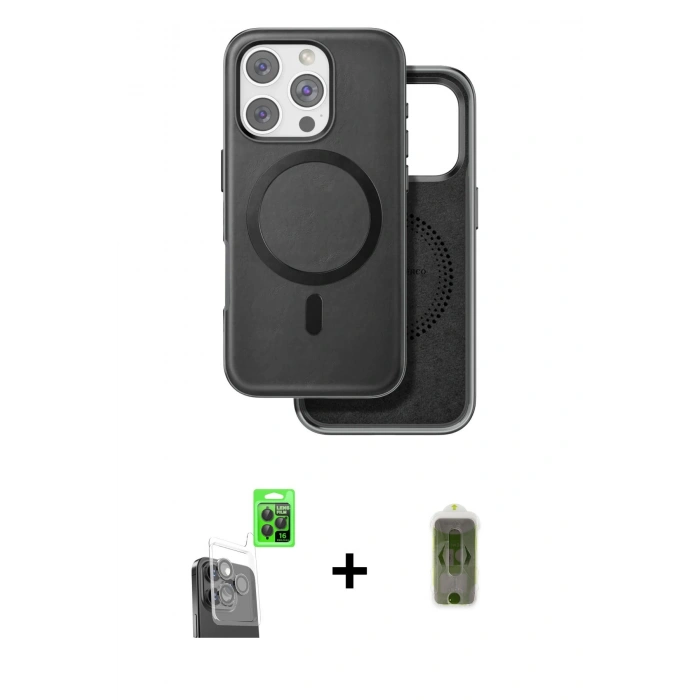 MARSİLYAN™- iPhone 16 Pro Kılıf Pusula Işık Koleksiyonu - Siyah Joko Magic 5D Hayalet Cam + Siyah Raze Metal Kamera Lens
