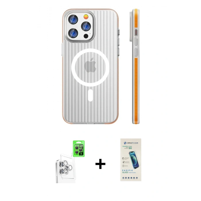 MARSİLYAN™- iPhone 16 Pro Kılıf Pusula Minimal Koleksiyonu - Şeffaf Pasifik Cam Ekran Koruyucu + Raze Metal Kamera Lens - BZ