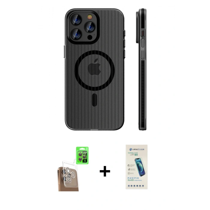 MARSİLYAN™- iPhone 16 Pro Kılıf Pusula Minimal Koleksiyonu - Şeffaf Pasifik Cam Ekran Koruyucu + Raze Metal Kamera Lens - CLTM