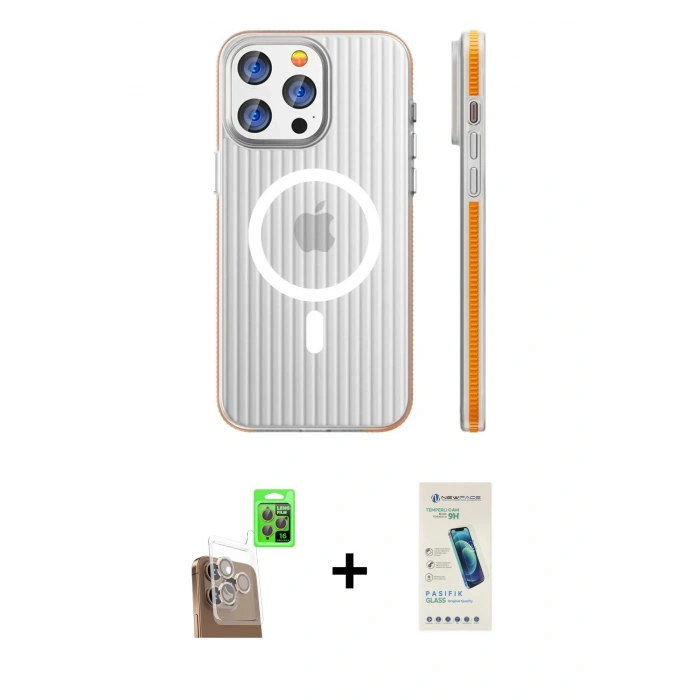 MARSİLYAN™- iPhone 16 Pro Kılıf Pusula Minimal Koleksiyonu - Şeffaf Pasifik Cam Ekran Koruyucu + Raze Metal Kamera Lens - CLTM