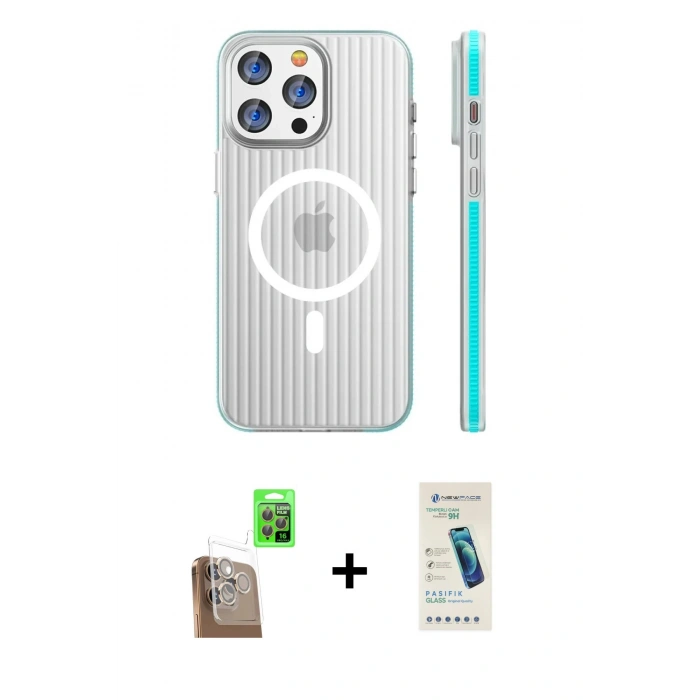 MARSİLYAN™- iPhone 16 Pro Kılıf Pusula Minimal Koleksiyonu - Şeffaf Pasifik Cam Ekran Koruyucu + Raze Metal Kamera Lens - CLTM