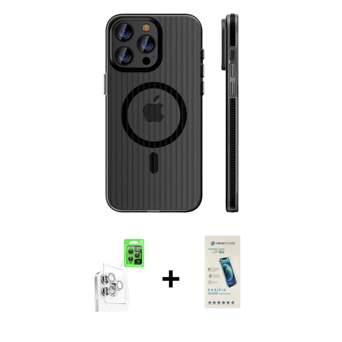 MARSİLYAN™- iPhone 16 Pro Kılıf Pusula Minimal Koleksiyonu - Şeffaf Pasifik Cam Ekran Koruyucu + Raze Metal Kamera Lens - BZ