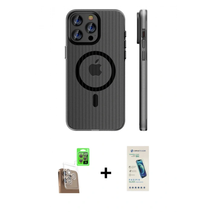 MARSİLYAN™- iPhone 16 Pro Kılıf Pusula Minimal Koleksiyonu - Şeffaf Pasifik Cam Ekran Koruyucu + Raze Metal Kamera Lens - CLTM