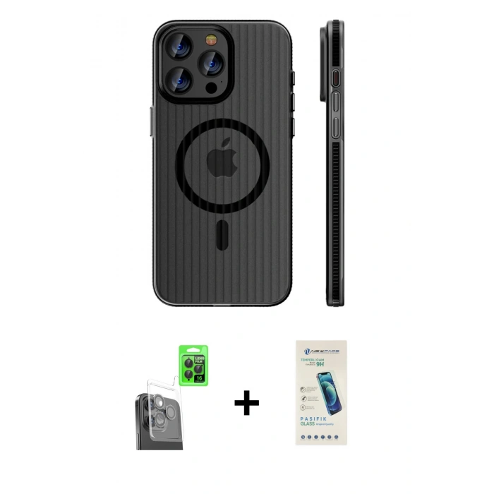 MARSİLYAN™- iPhone 16 Pro Kılıf Pusula Minimal Koleksiyonu - Şeffaf Pasifik Cam Ekran Koruyucu + Raze Metal Kamera Lens - SH