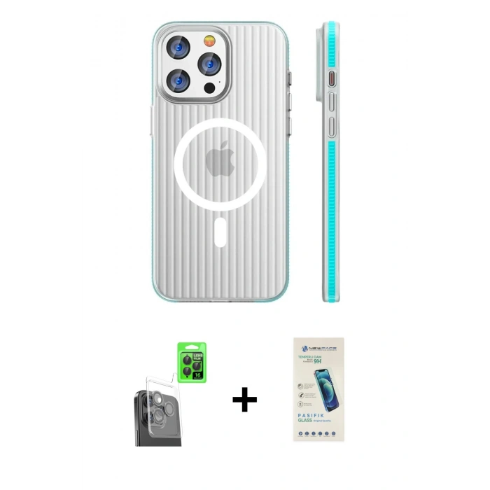 MARSİLYAN™- iPhone 16 Pro Kılıf Pusula Minimal Koleksiyonu - Şeffaf Pasifik Cam Ekran Koruyucu + Raze Metal Kamera Lens - SH