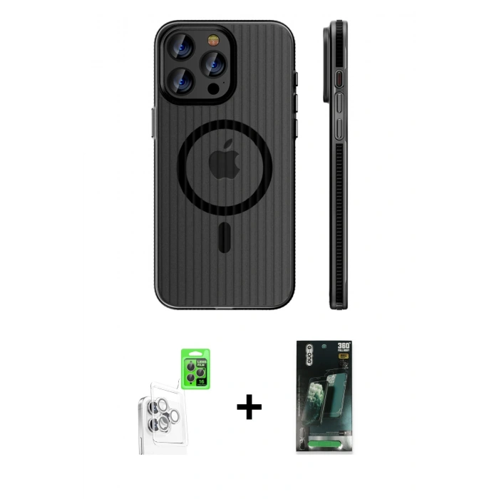 MARSİLYAN™- iPhone 16 Pro Kılıf Pusula Minimal Koleksiyonu - Siyah 360 Mat Full Body Arka Koruyucu + Beyaz Raze Metal Kamera Lens