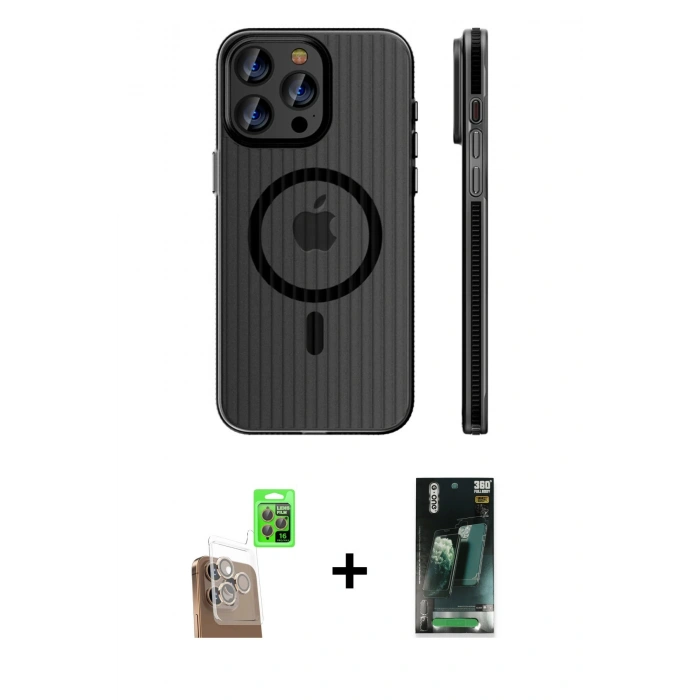 MARSİLYAN™- iPhone 16 Pro Kılıf Pusula Minimal Koleksiyonu - Siyah 360 Mat Full Body Arka Koruyucu + Raze Metal Kamera Lens - CLTM