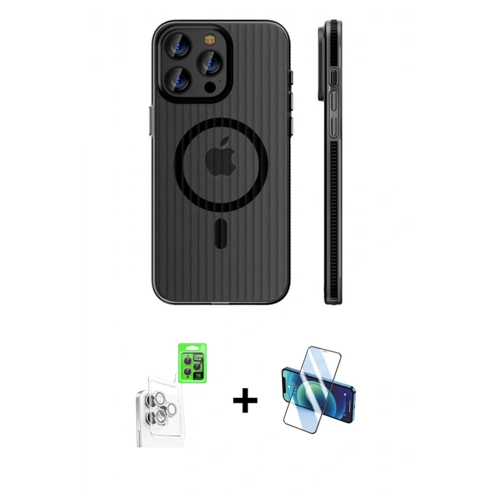 MARSİLYAN™- iPhone 16 Pro Kılıf Pusula Minimal Koleksiyonu - Siyah 3D Antistatik Cam Ekran Koruyucu + Raze Metal Kamera Lens - BZ