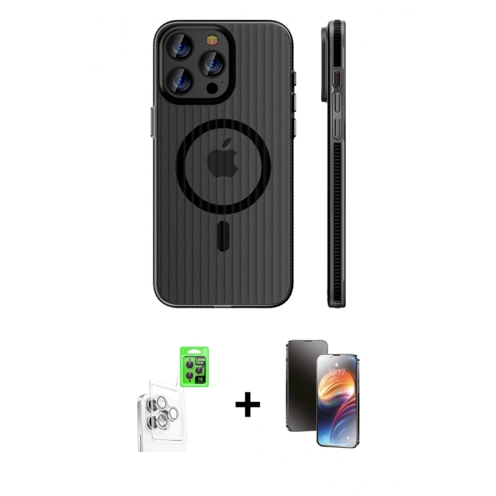 MARSİLYAN™- iPhone 16 Pro Kılıf Pusula Minimal Koleksiyonu - Siyah 3D Antistatik Mat Seramik Nano Ekran Koruyucu + Raze Metal Kamera Lens - BZ