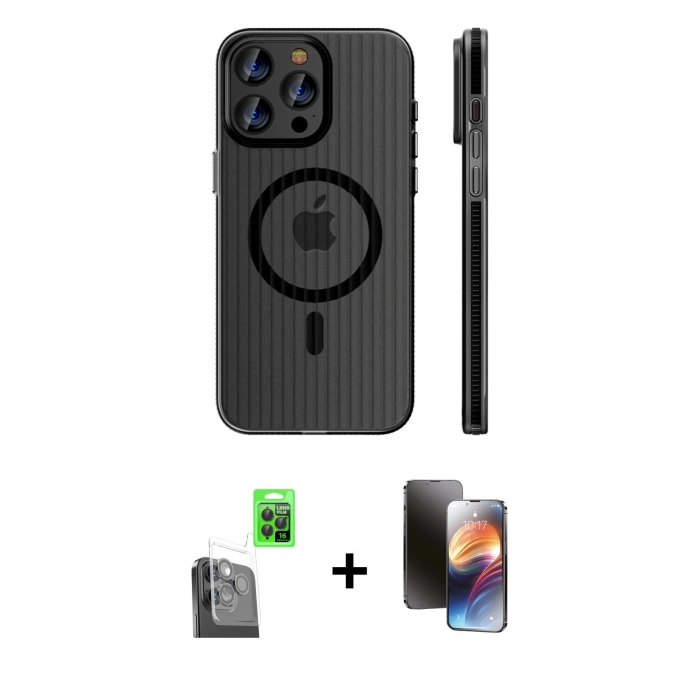 MARSİLYAN™- iPhone 16 Pro Kılıf Pusula Minimal Koleksiyonu - Siyah 3D Antistatik Mat Seramik Nano Ekran Koruyucu + Raze Metal Kamera Lens - SH