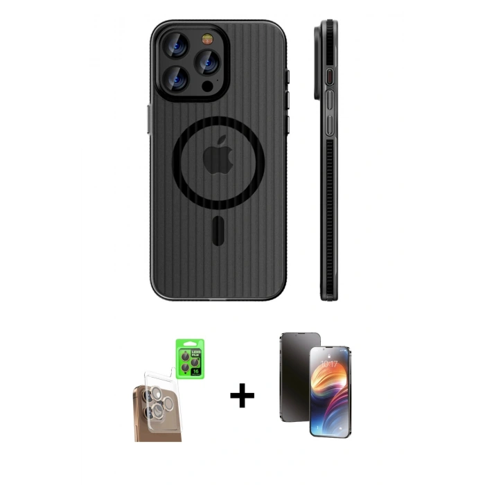 MARSİLYAN™- iPhone 16 Pro Kılıf Pusula Minimal Koleksiyonu - Siyah 3D Antistatik Mat Seramik Nano Ekran Koruyucu + Raze Metal Kamera Lens - CLTM
