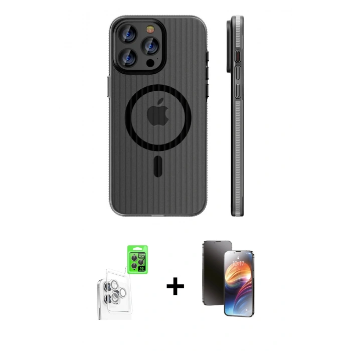MARSİLYAN™- iPhone 16 Pro Kılıf Pusula Minimal Koleksiyonu - Siyah 3D Antistatik Mat Seramik Nano Ekran Koruyucu + Raze Metal Kamera Lens - BZ