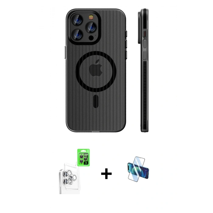 MARSİLYAN™- iPhone 16 Pro Kılıf Pusula Minimal Koleksiyonu - Siyah 3D Antistatik Seramik Nano Ekran Koruyucu + Raze Metal Kamera Lens - BZ